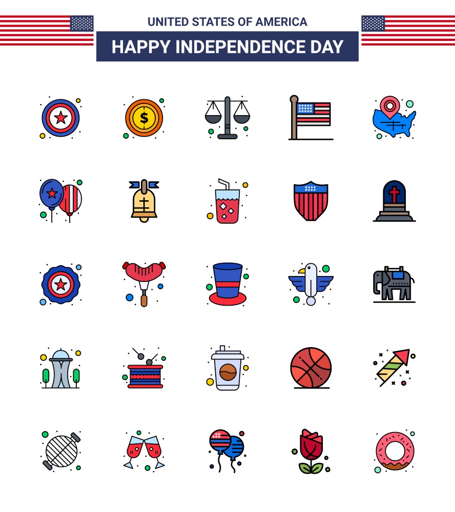 Pack of 25 USA Independence Day Celebration Flat Filled Lines Signs and 4th July Symbols such as usa; map; justice; usa; states Editable USA Day Vector Design Elements