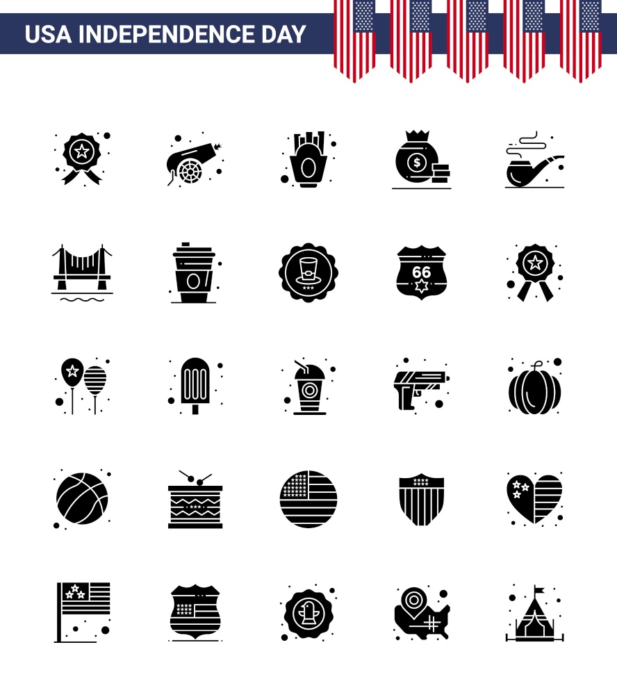 Group of 25 Solid Glyph Set for Independence day of United States of America such as smoke; american; chips; money; dollar Editable USA Day Vector Design Elements