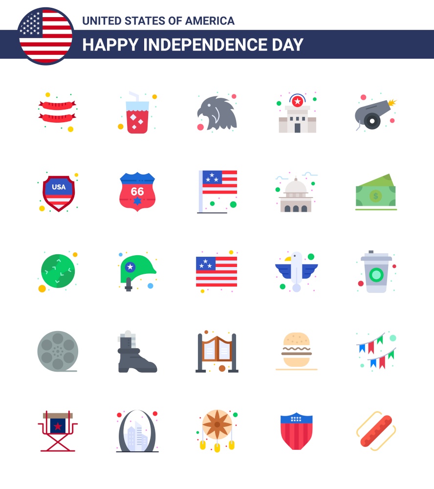 USA Happy Independence DayPictogram Set of 25 Simple Flats of weapon; canon; bird; army; station Editable USA Day Vector Design Elements