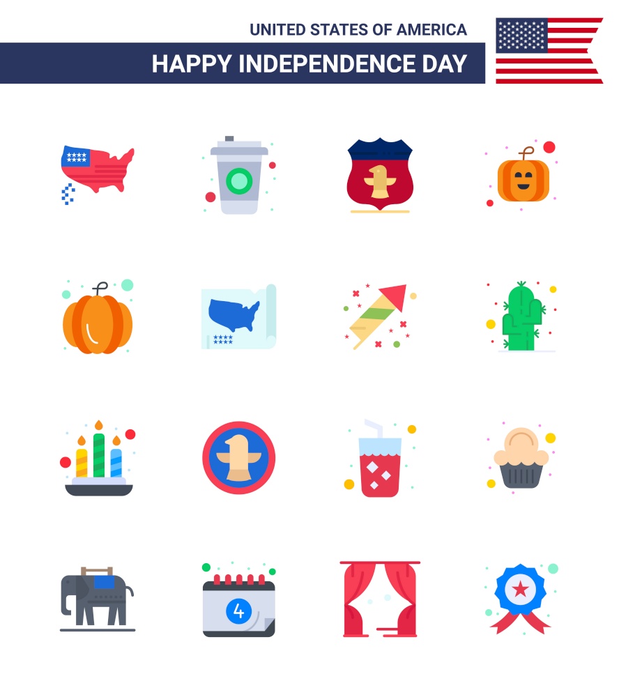 Set of 16 Vector Flats on 4th July USA Independence Day such as usa; states; usa; map; pumpkin Editable USA Day Vector Design Elements