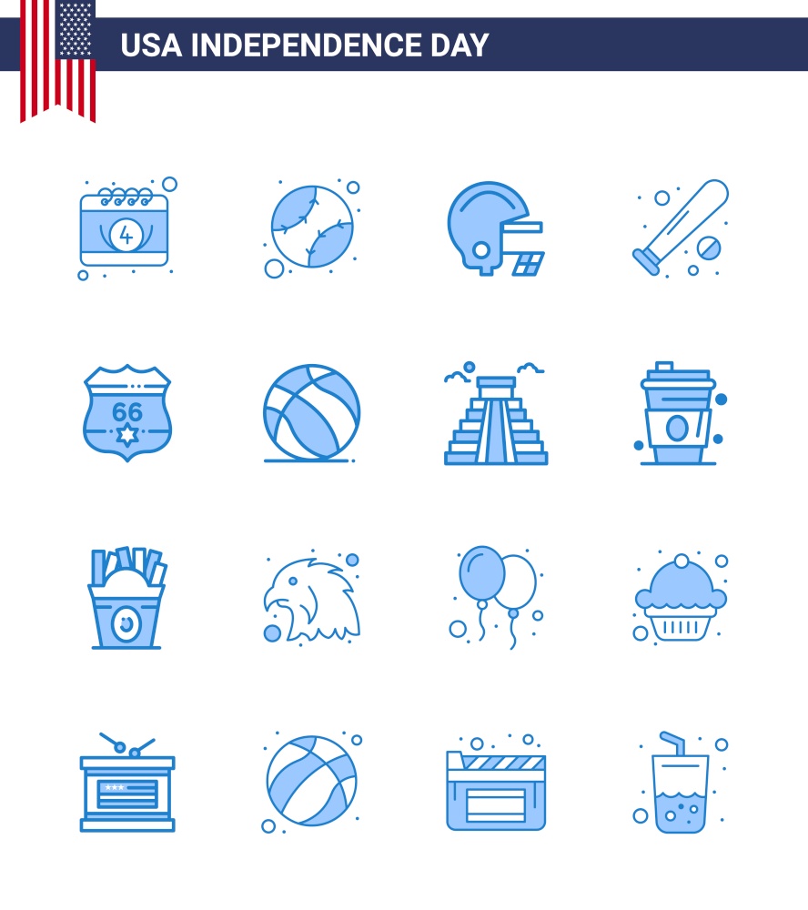 Set of 16 Vector Blues on 4th July USA Independence Day such as shield; usa; american; sports; baseball Editable USA Day Vector Design Elements