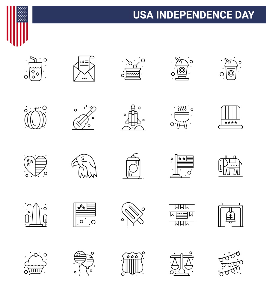 USA Independence Day Line Set of 25 USA Pictograms of soda; cola; mail; bottle; independence Editable USA Day Vector Design Elements