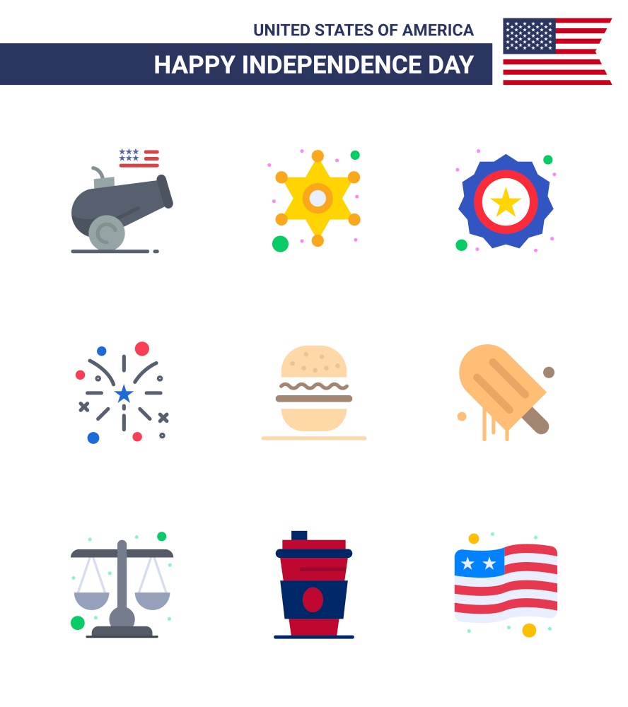 9 Flat Signs for USA Independence Day eat; usa; american; american; firework Editable USA Day Vector Design Elements