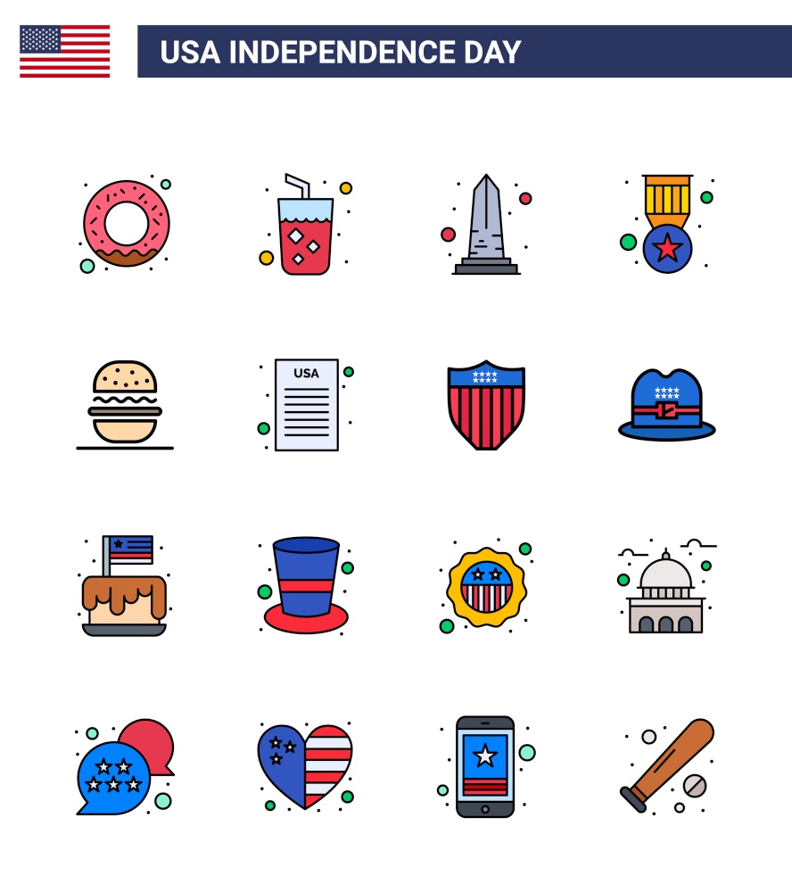 Pack of 16 USA Independence Day Celebration Flat Filled Lines Signs and 4th July Symbols such as eat; military; monument; medal; award Editable USA Day Vector Design Elements