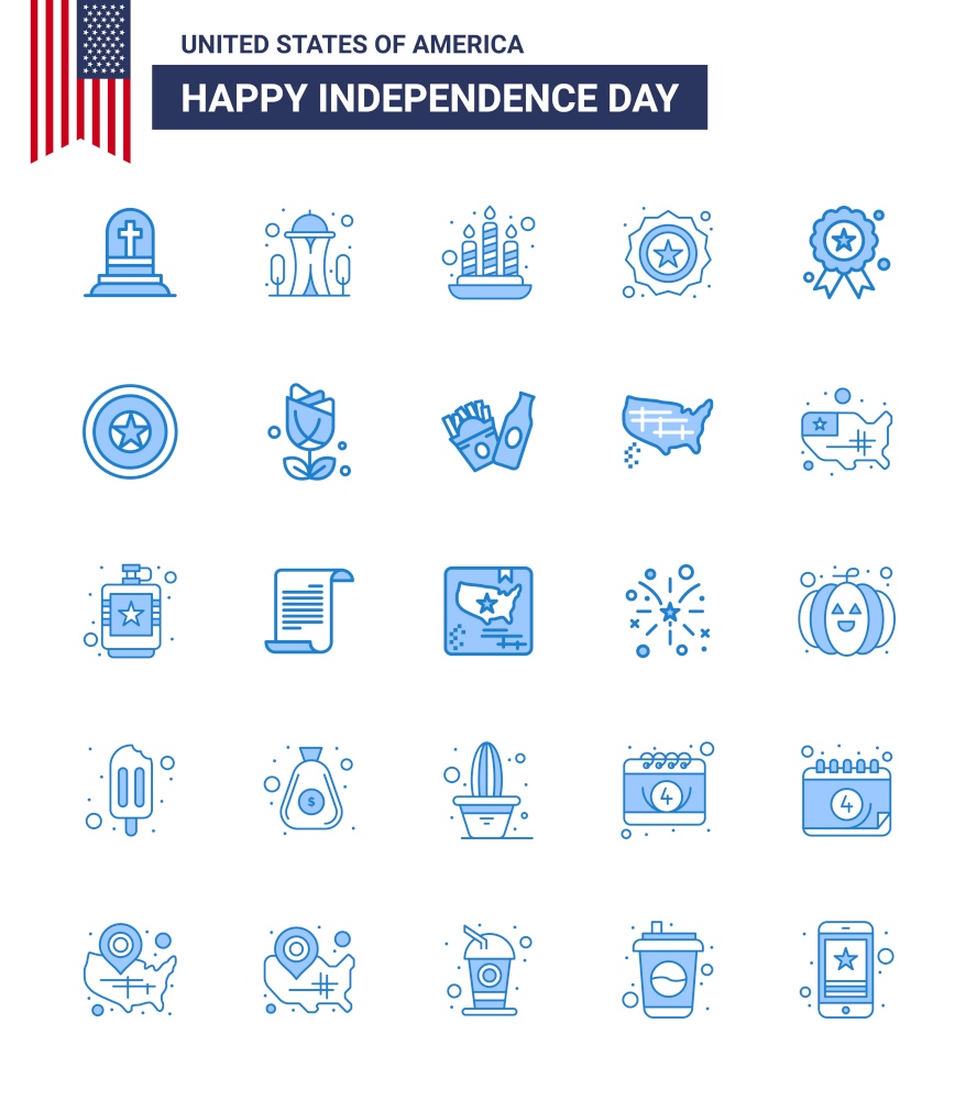 Modern Set of 25 Blues and symbols on USA Independence Day such as independence day; holiday; candle; flag; security Editable USA Day Vector Design Elements