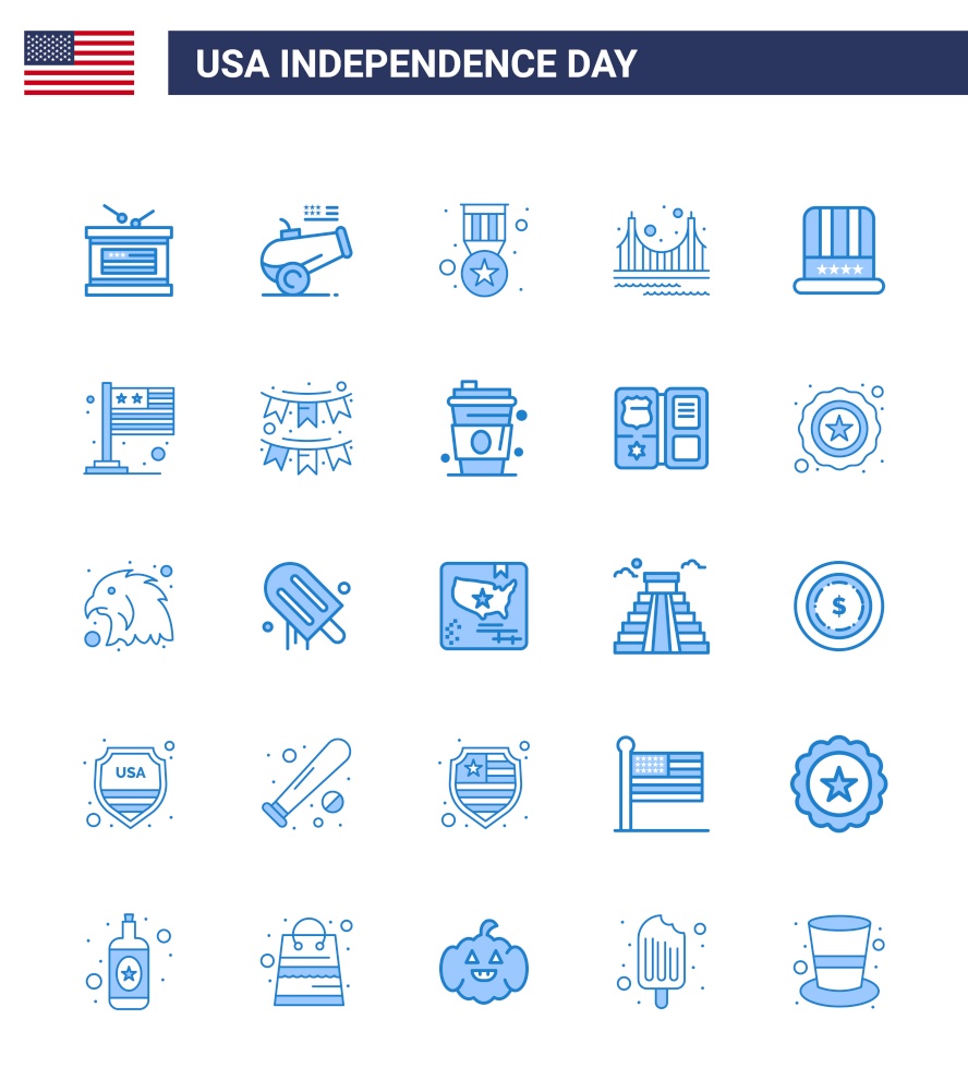 Set of 25 Vector Blues on 4th July USA Independence Day such as hat; landmark; award; golden; bridge Editable USA Day Vector Design Elements