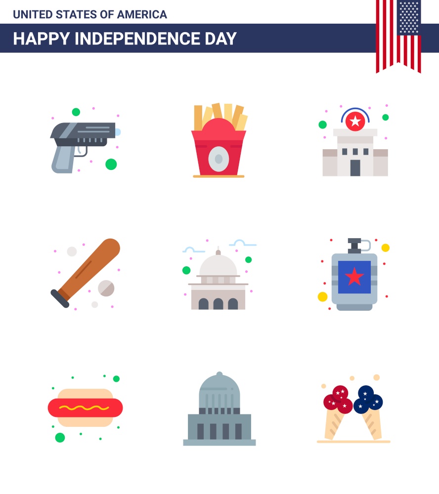 Pack of 9 USA Independence Day Celebration Flats Signs and 4th July Symbols such as building; sports; building; bat; ball Editable USA Day Vector Design Elements