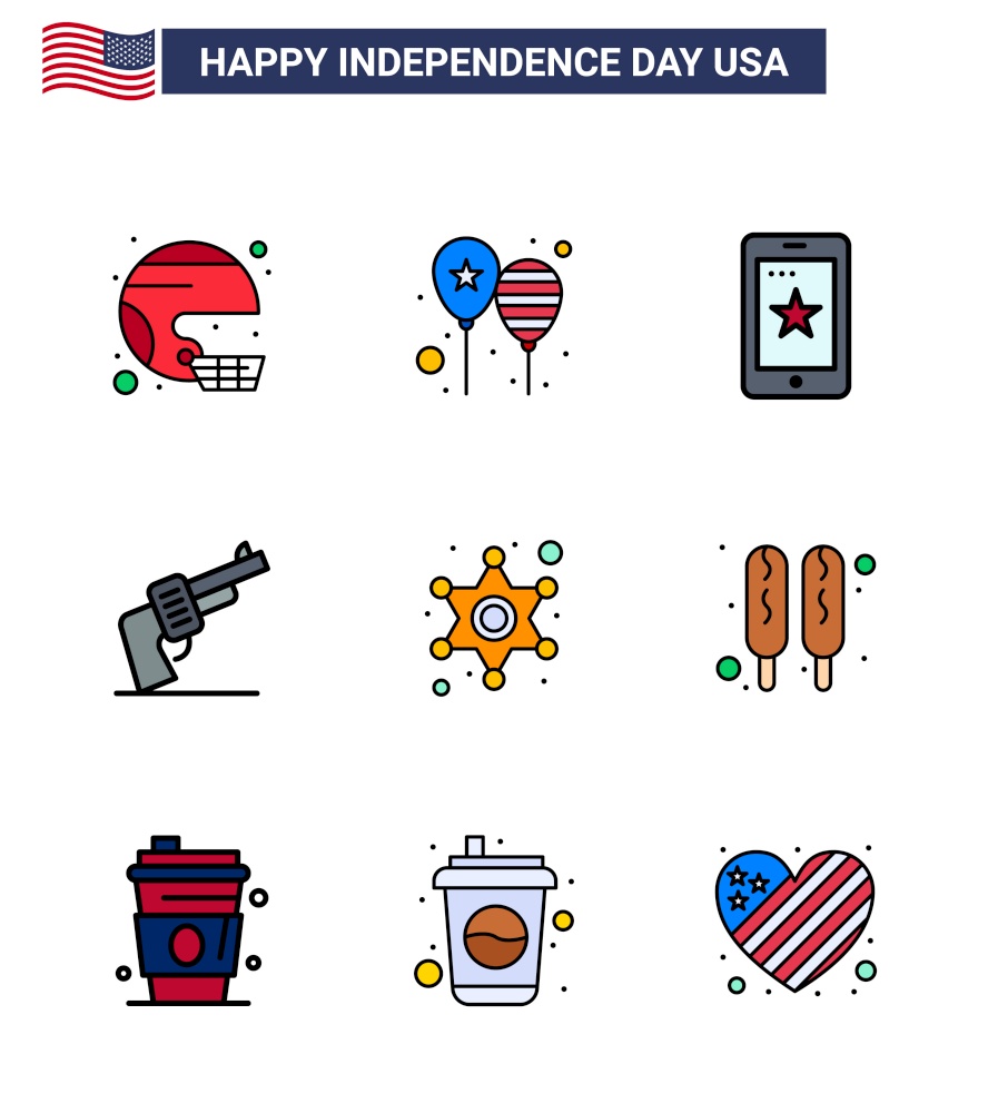 9 USA Flat Filled Line Signs Independence Day Celebration Symbols of weapon; gun; day; ireland; phone Editable USA Day Vector Design Elements