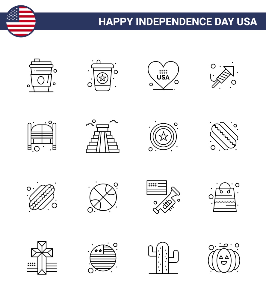 Set of 16 Vector Lines on 4th July USA Independence Day such as saloon; bar; love; day; religion Editable USA Day Vector Design Elements