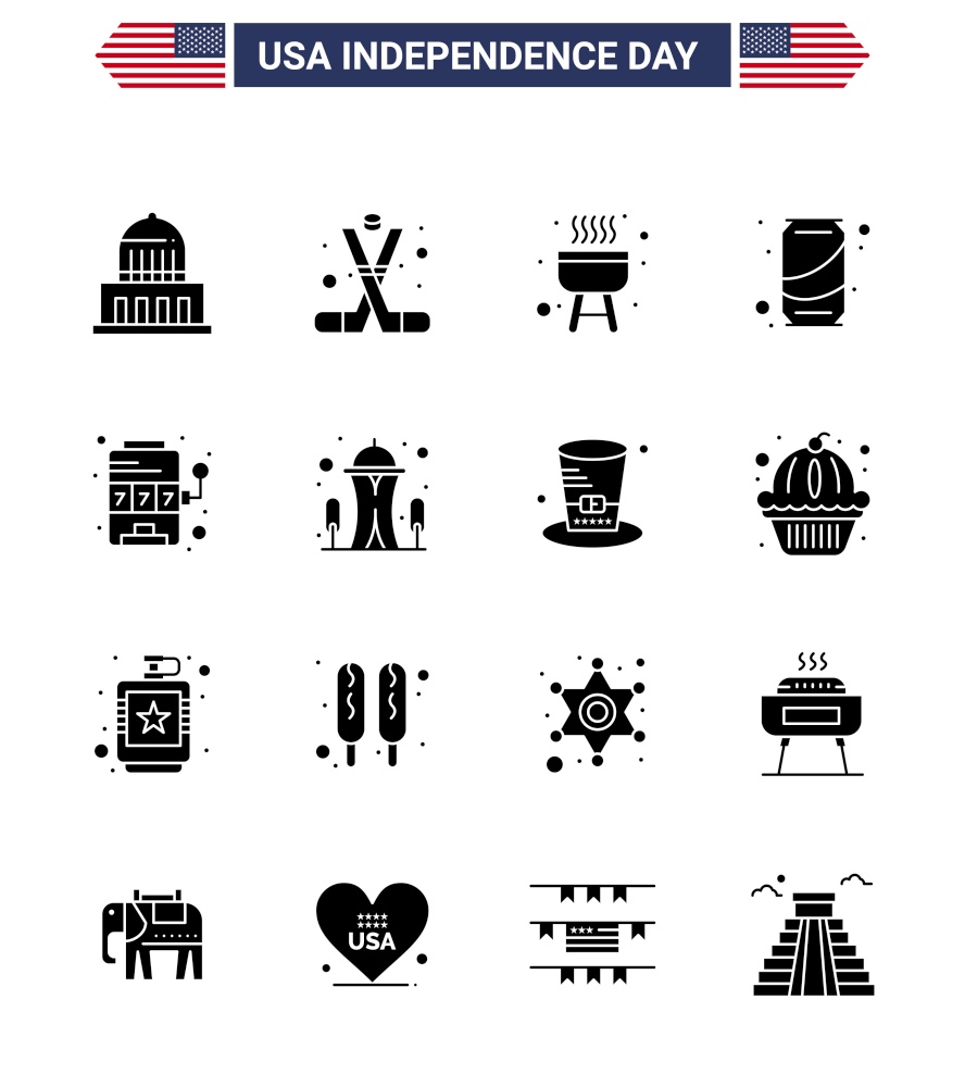 Big Pack of 16 USA Happy Independence Day USA Vector Solid Glyphs and Editable Symbols of machine; cola; america; soda; beer Editable USA Day Vector Design Elements