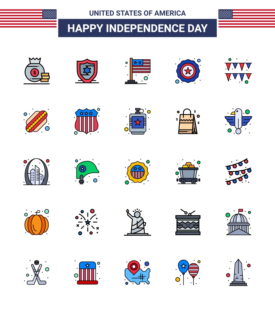 Group of 25 Flat Filled Lines Set for Independence day of United States of America such as american; garland; flag; festival; star Editable USA Day Vector Design Elements