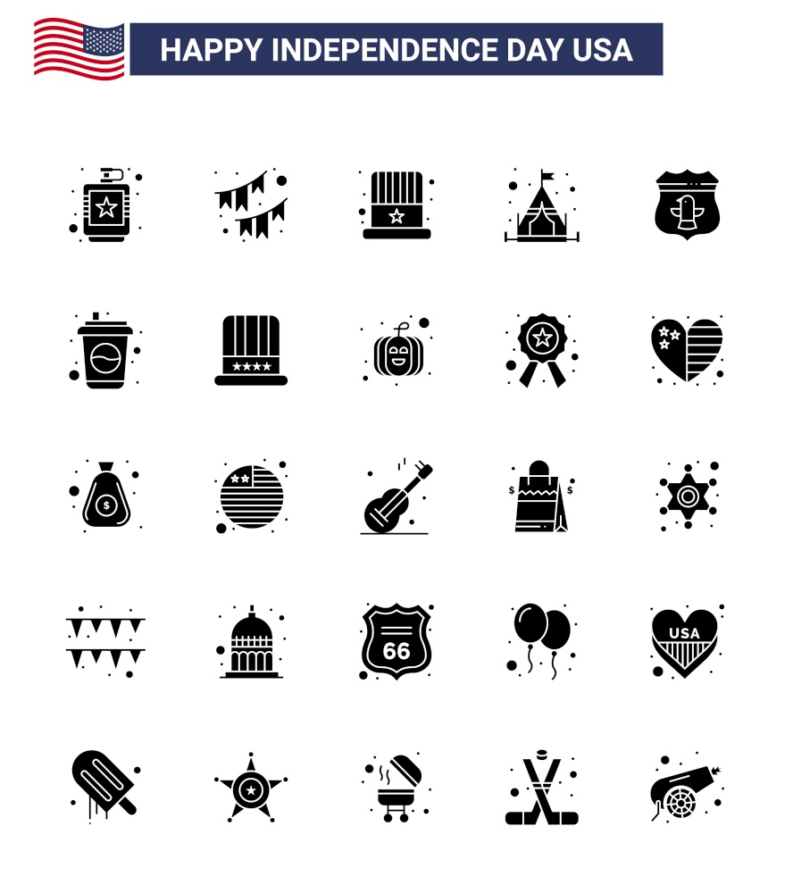 USA Happy Independence DayPictogram Set of 25 Simple Solid Glyph of sheild; camping; party; camp; hat Editable USA Day Vector Design Elements