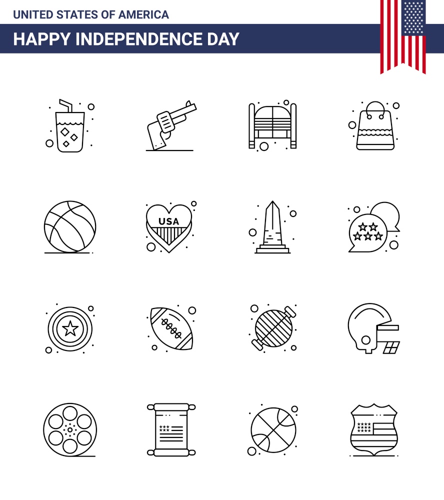 Set of 16 Vector Lines on 4th July USA Independence Day such as football; packages; bar; money; entrance Editable USA Day Vector Design Elements