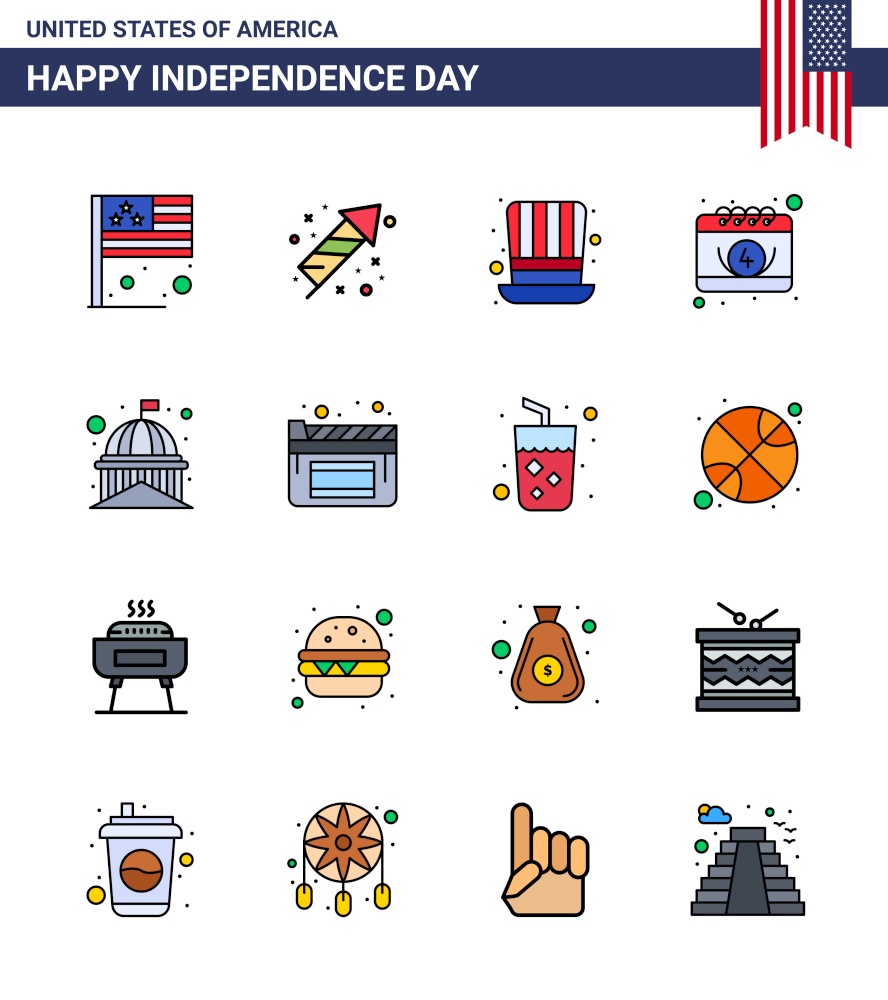 USA Happy Independence DayPictogram Set of 16 Simple Flat Filled Lines of house; day; day; date; american Editable USA Day Vector Design Elements