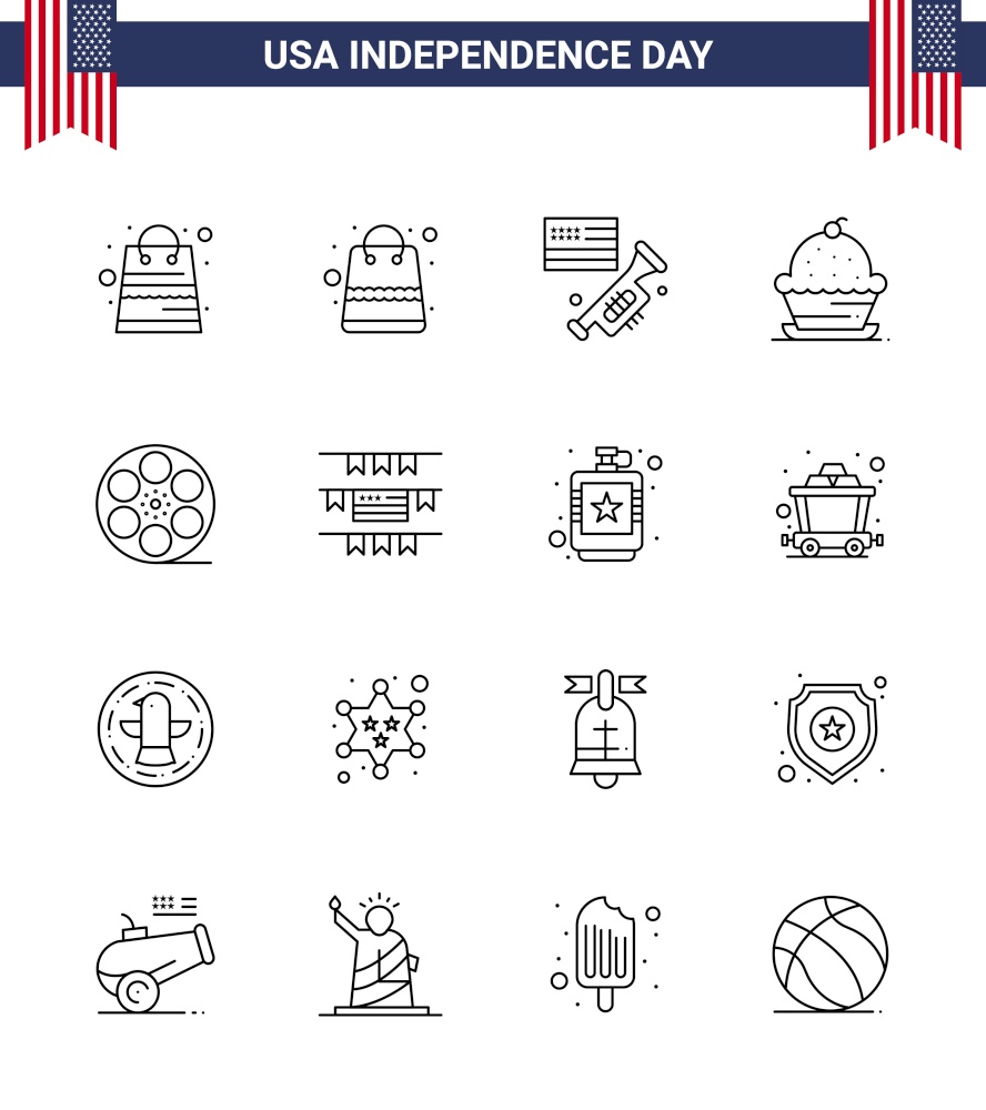 16 USA Line Pack of Independence Day Signs and Symbols of buntings; video; cake; play; thanksgiving Editable USA Day Vector Design Elements