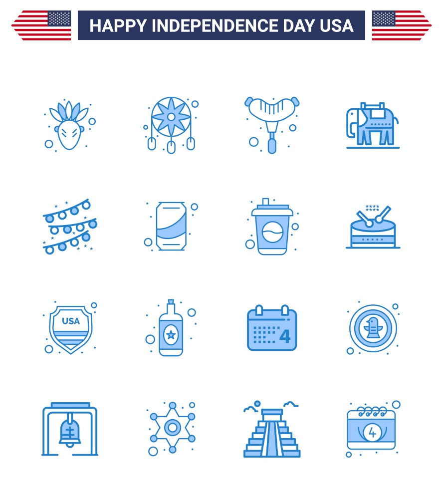 16 USA Blue Pack of Independence Day Signs and Symbols of can; party bulb; frankfurter; party decoration; usa Editable USA Day Vector Design Elements