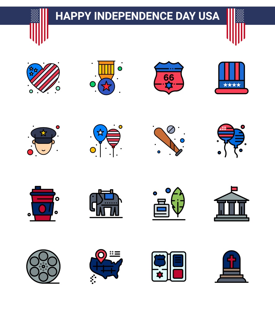 Stock Vector Icon Pack of American Day 16 Line Signs and Symbols for officer; usa; american; american; hat Editable USA Day Vector Design Elements