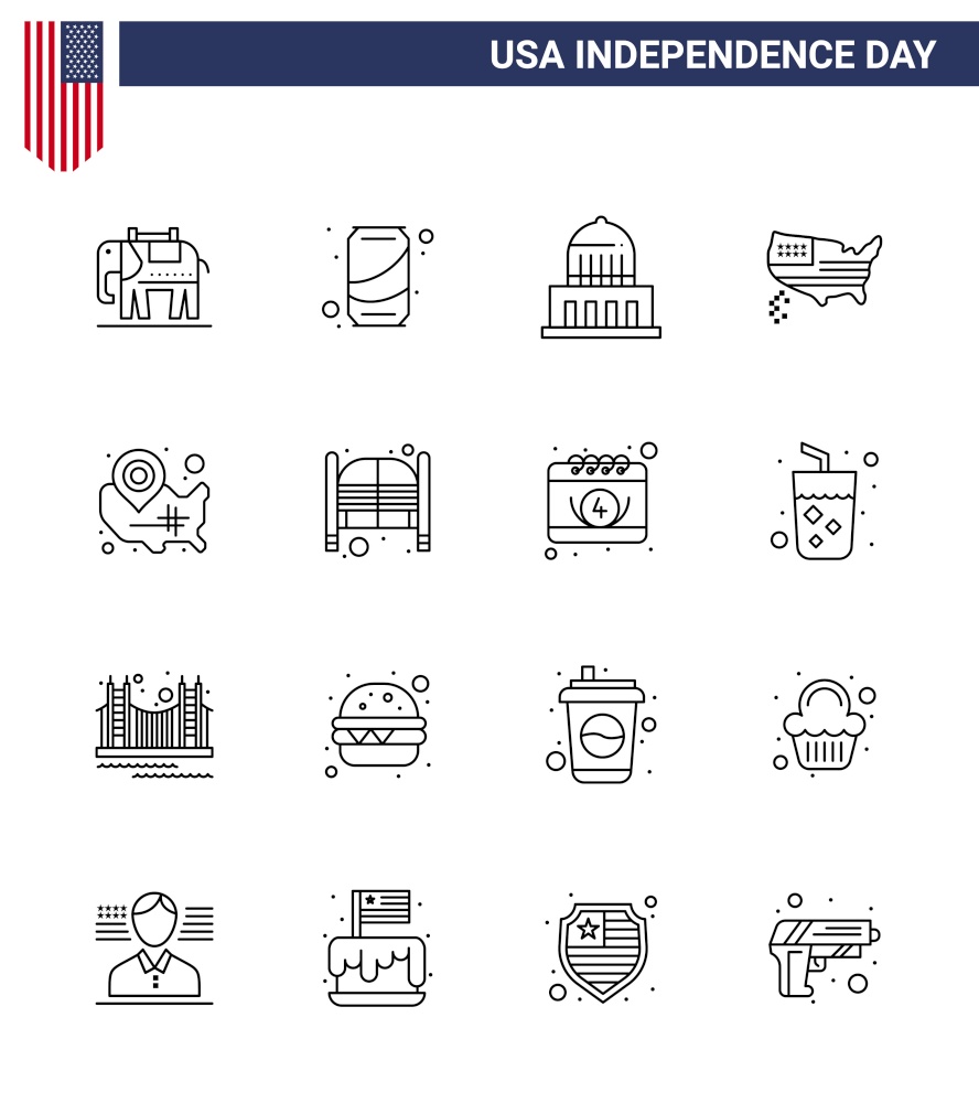 16 Line Signs for USA Independence Day usa; map; city; usa; map Editable USA Day Vector Design Elements