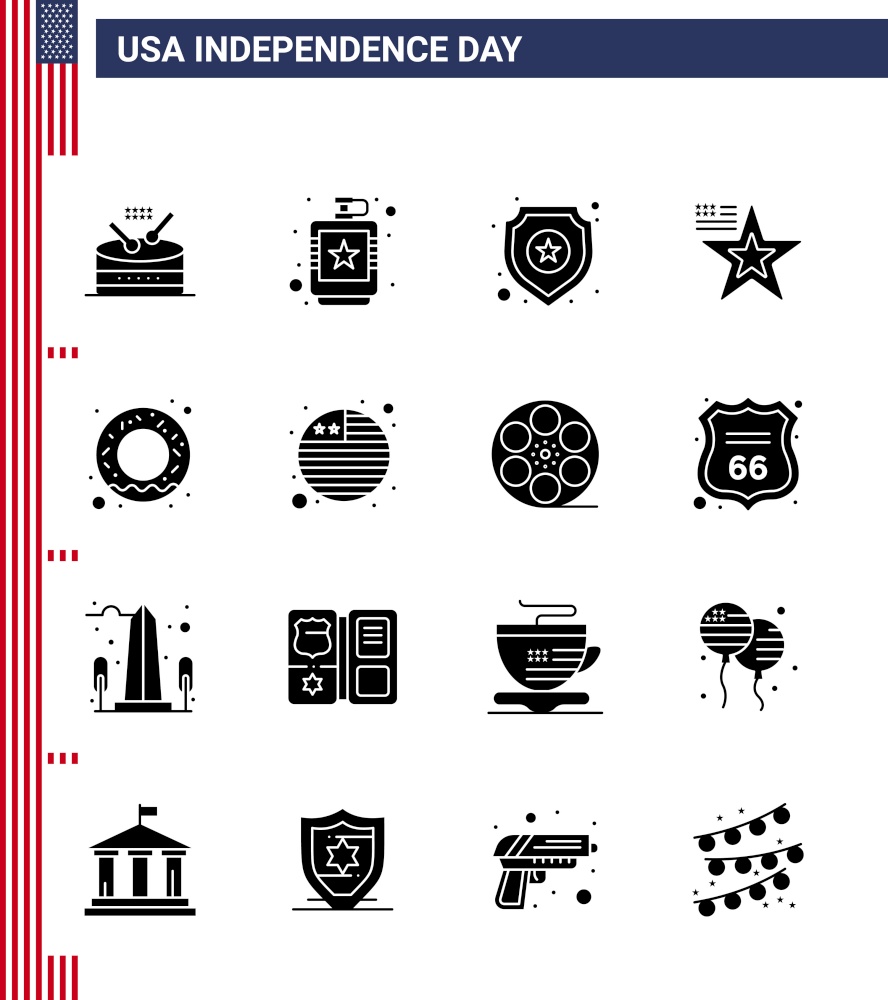 4th July USA Happy Independence Day Icon Symbols Group of 16 Modern Solid Glyphs of donut; flag; liquid; american; sign Editable USA Day Vector Design Elements