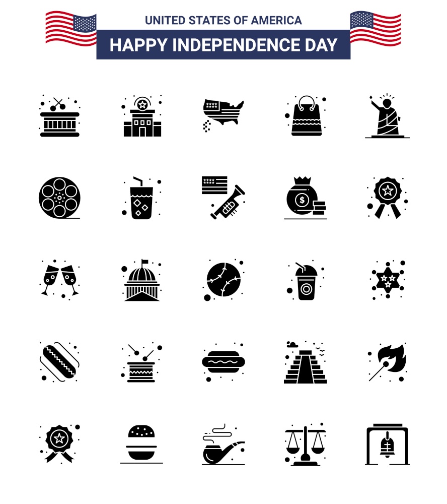 Happy Independence Day 25 Solid Glyph Icon Pack for Web and Print of; landmarks; map; shop; money Editable USA Day Vector Design Elements