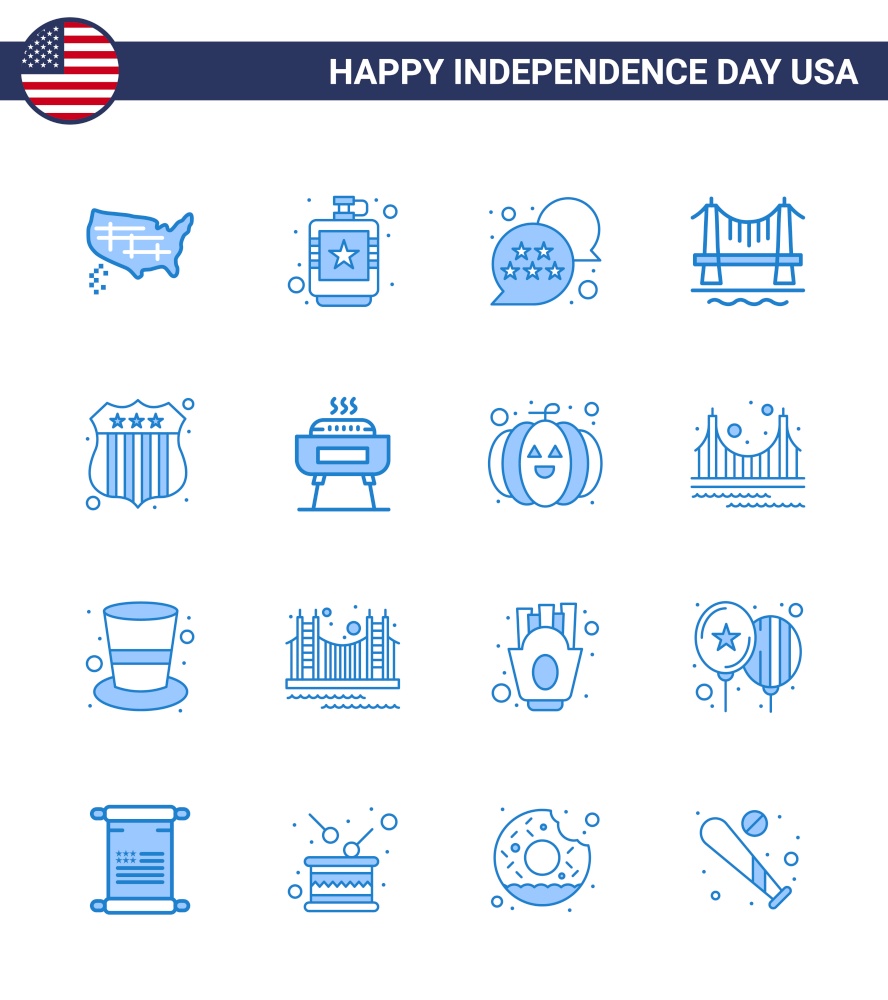 Group of 16 Blues Set for Independence day of United States of America such as badge; city; liquid; building; chat bubble Editable USA Day Vector Design Elements