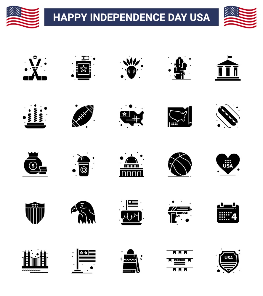 Happy Independence Day USA Pack of 25 Creative Solid Glyph of bank; plant; hip; flower; thanksgiving Editable USA Day Vector Design Elements