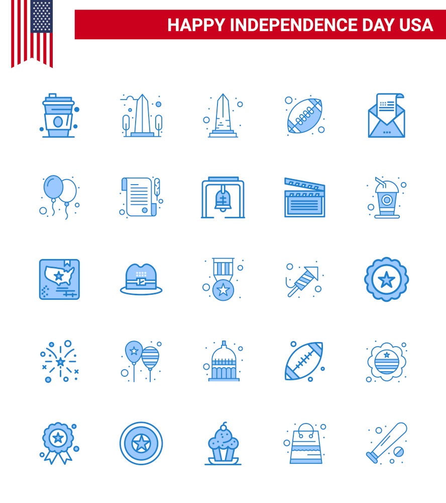 Happy Independence Day 4th July Set of 25 Blues American Pictograph of mail; greeting; washington; envelope; american ball Editable USA Day Vector Design Elements