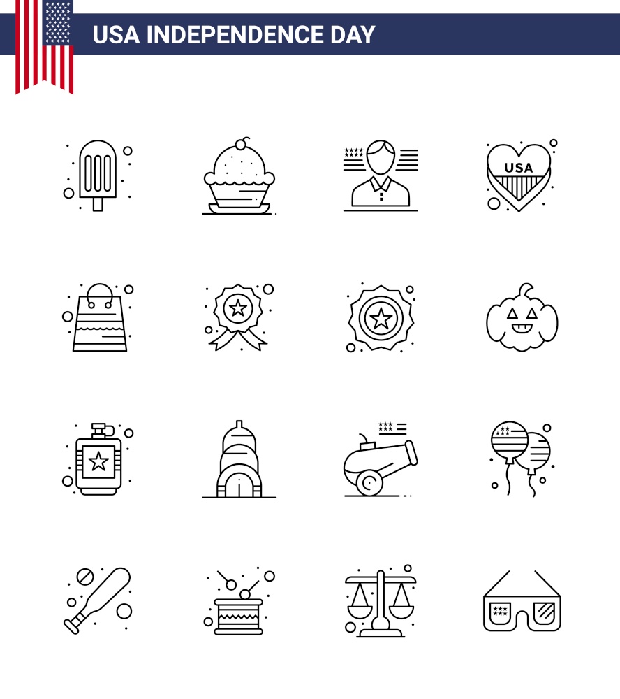 Set of 16 Vector Lines on 4th July USA Independence Day such as packages; bag; man; usa; heart Editable USA Day Vector Design Elements