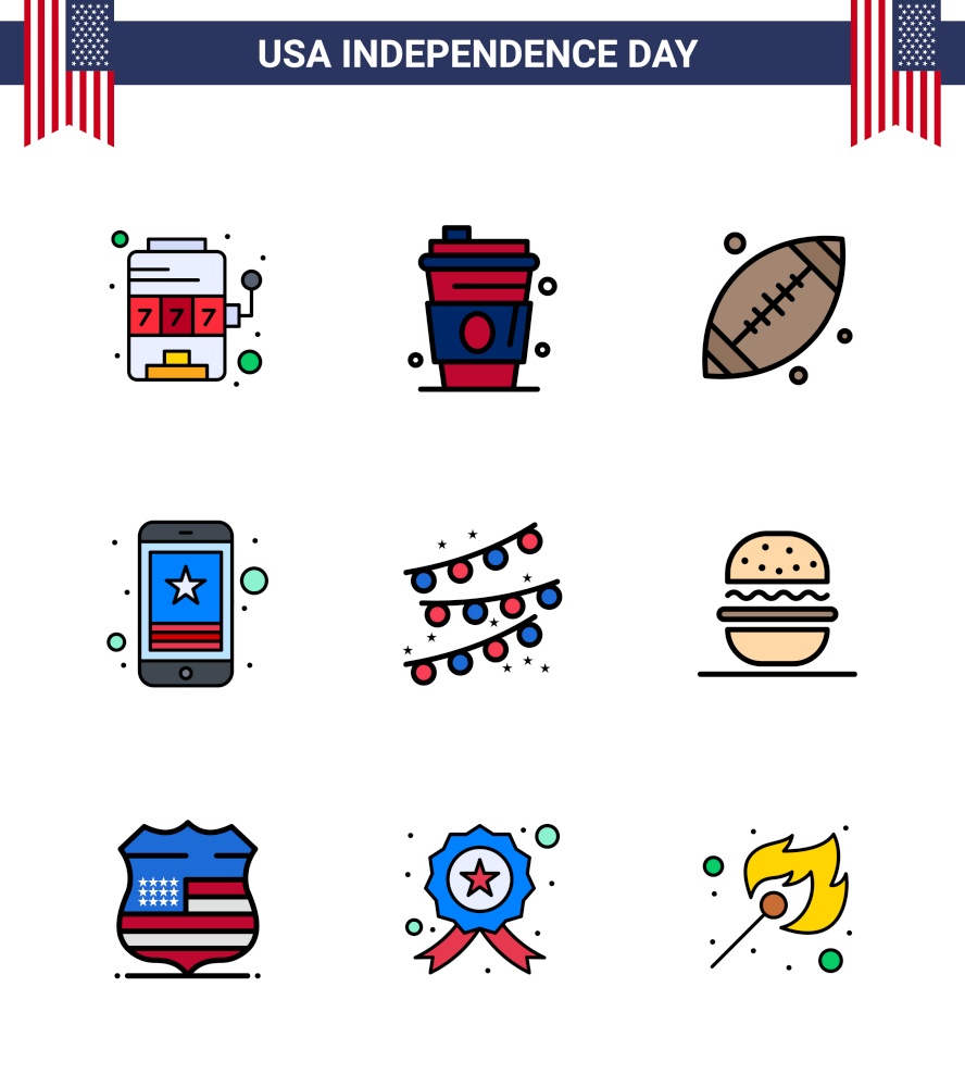 Happy Independence Day Pack of 9 Flat Filled Lines Signs and Symbols for buntings; mobile; ball; smart phone; cell Editable USA Day Vector Design Elements