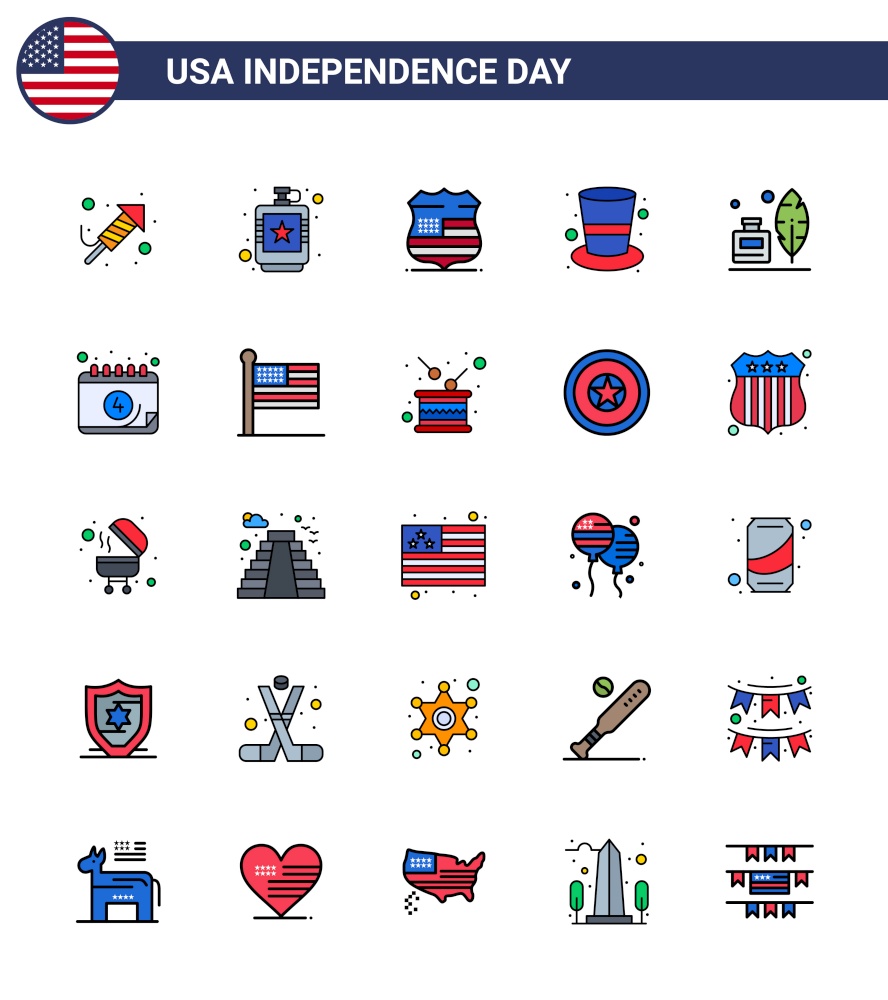 25 USA Flat Filled Line Pack of Independence Day Signs and Symbols of adobe; hat; liquid; cap; security Editable USA Day Vector Design Elements