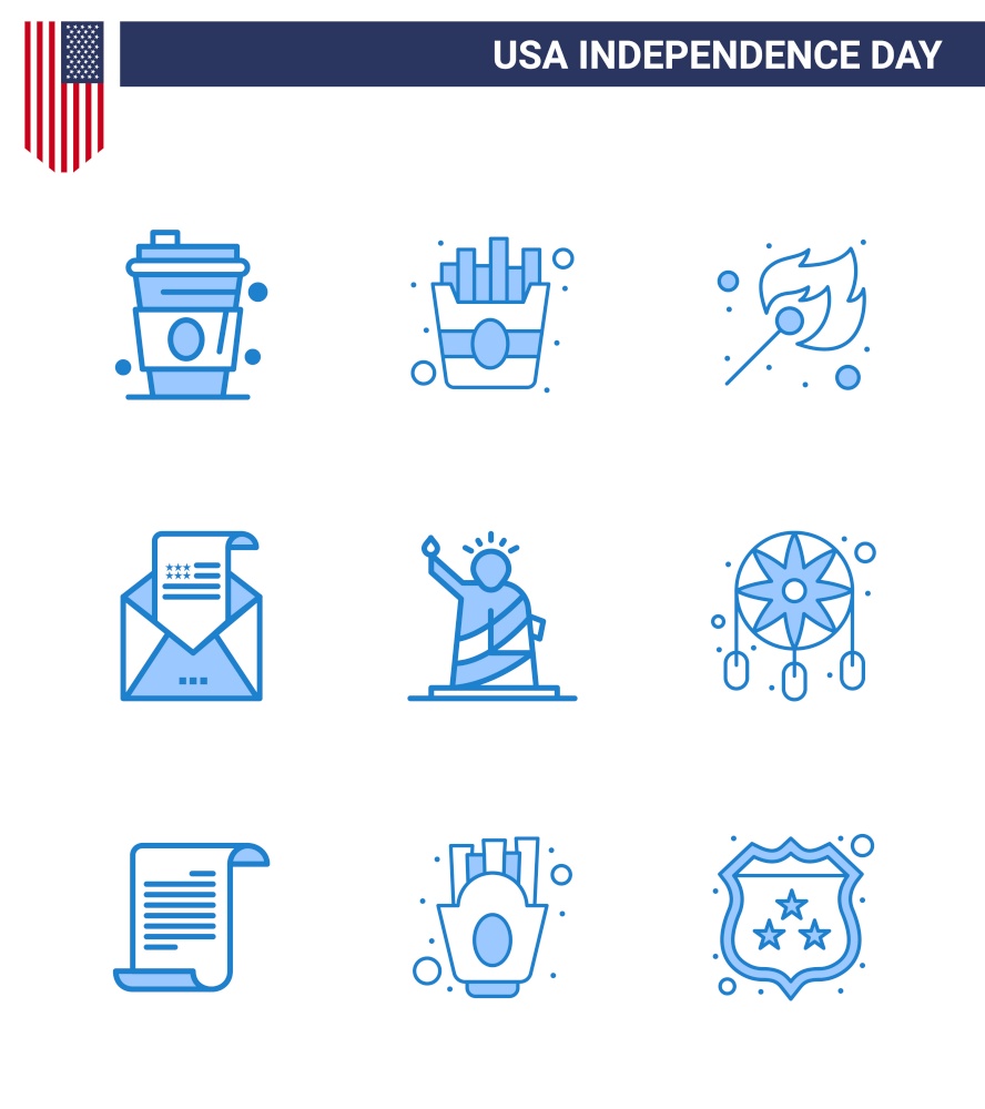 Pack of 9 USA Independence Day Celebration Blues Signs and 4th July Symbols such as liberty; mail; fire; invitation; envelope Editable USA Day Vector Design Elements
