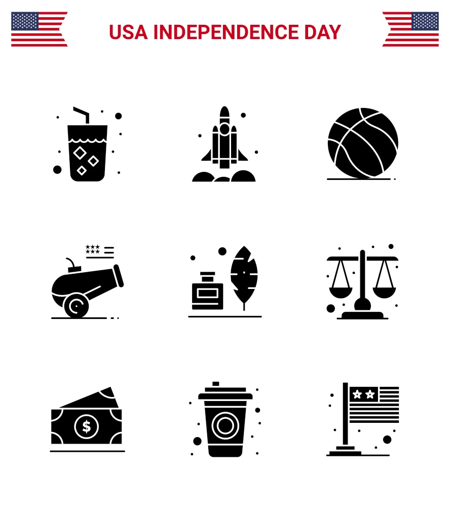 Solid Glyph Pack of 9 USA Independence Day Symbols of adobe; howitzer; usa; cannon; usa Editable USA Day Vector Design Elements