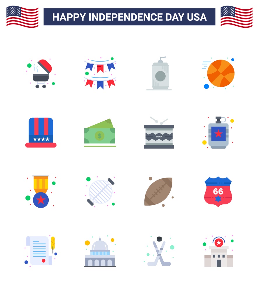 Flat Pack of 16 USA Independence Day Symbols of american; hat; bottle; sports; basketball Editable USA Day Vector Design Elements