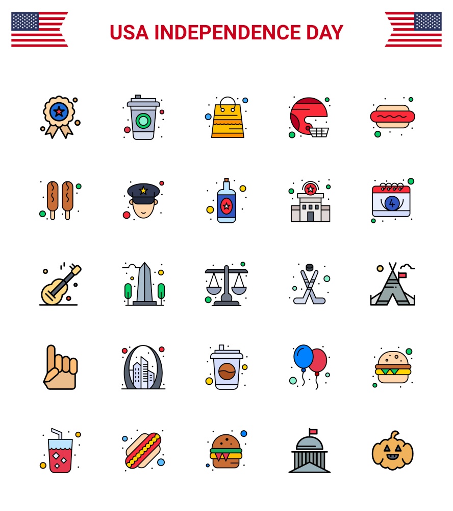 25 USA Flat Filled Line Signs Independence Day Celebration Symbols of hot dog; state; money; sport; football Editable USA Day Vector Design Elements