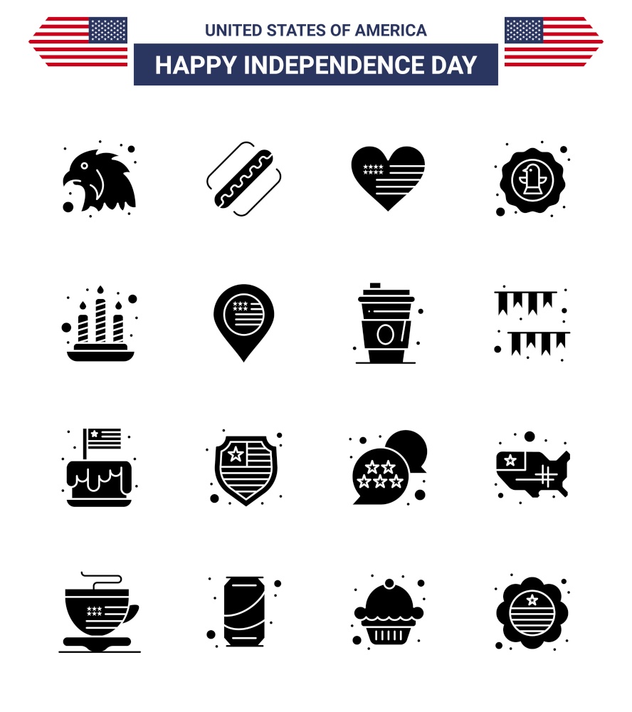 Group of 16 Solid Glyphs Set for Independence day of United States of America such as fire; badge; love; eagle; bird Editable USA Day Vector Design Elements