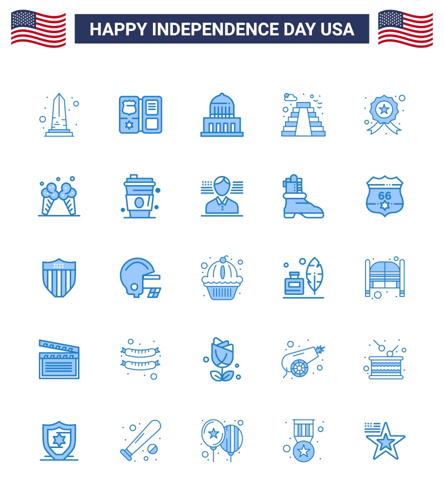 Stock Vector Icon Pack of American Day 25 Blue Signs and Symbols for badge; landmark; star; building; usa Editable USA Day Vector Design Elements
