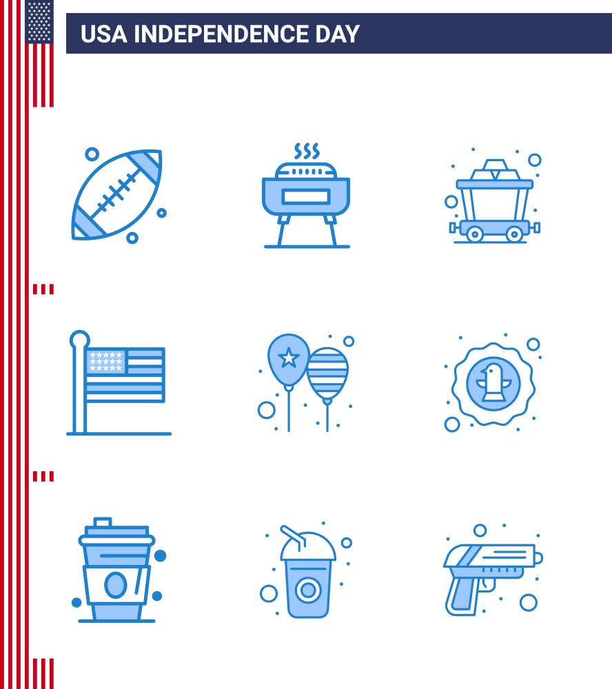 Happy Independence Day 9 Blues Icon Pack for Web and Print day; balloons; cart; usa; states Editable USA Day Vector Design Elements