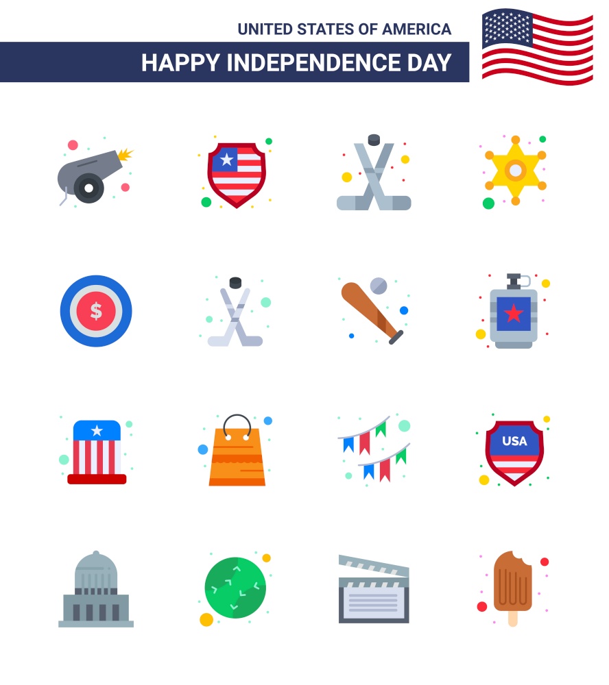 Editable Vector Line Pack of USA Day 16 Simple Flats of dollar; police sign; ice hockey; star; men Editable USA Day Vector Design Elements