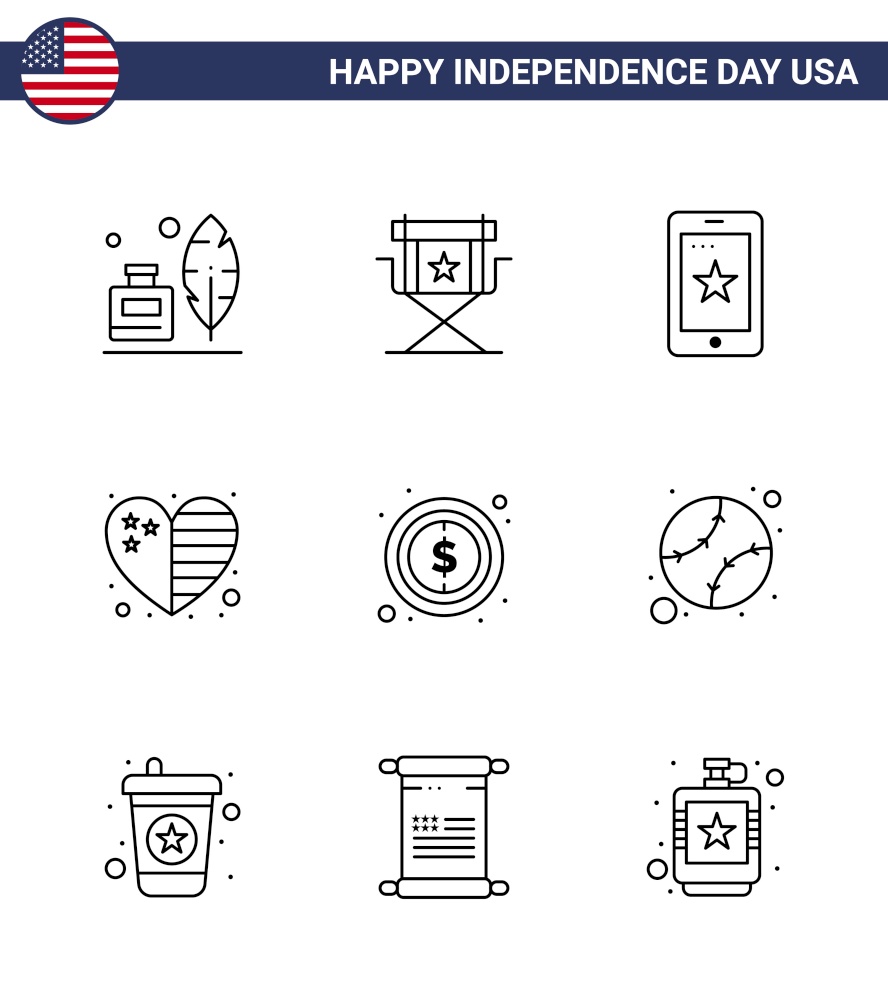 Big Pack of 9 USA Happy Independence Day USA Vector Lines and Editable Symbols of usa; flag; television; country; ireland Editable USA Day Vector Design Elements