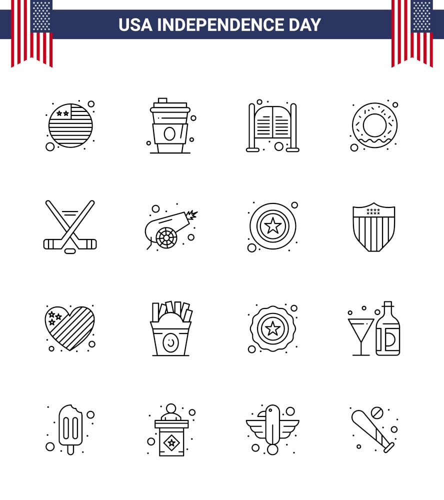 Happy Independence Day USA Pack of 16 Creative Lines of sport; hokey; doors; nutrition; donut Editable USA Day Vector Design Elements