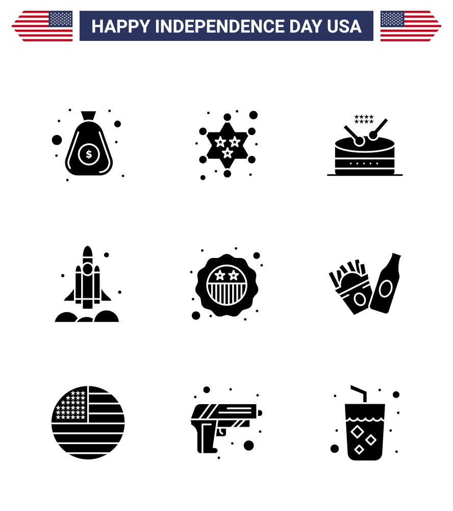 9 USA Solid Glyph Pack of Independence Day Signs and Symbols of american; transport; drum; spaceship; launcher Editable USA Day Vector Design Elements