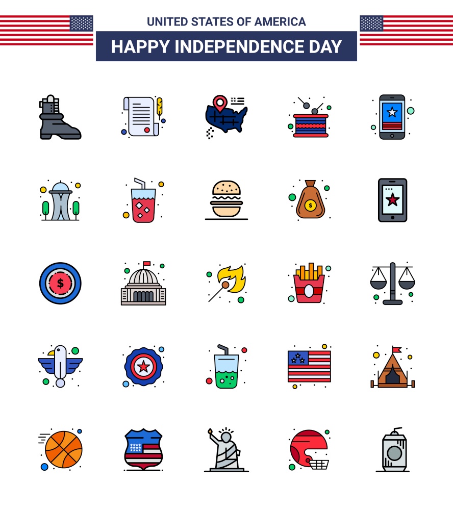 Modern Set of 25 Flat Filled Lines and symbols on USA Independence Day such as mobile; star; american; cell; independence Editable USA Day Vector Design Elements