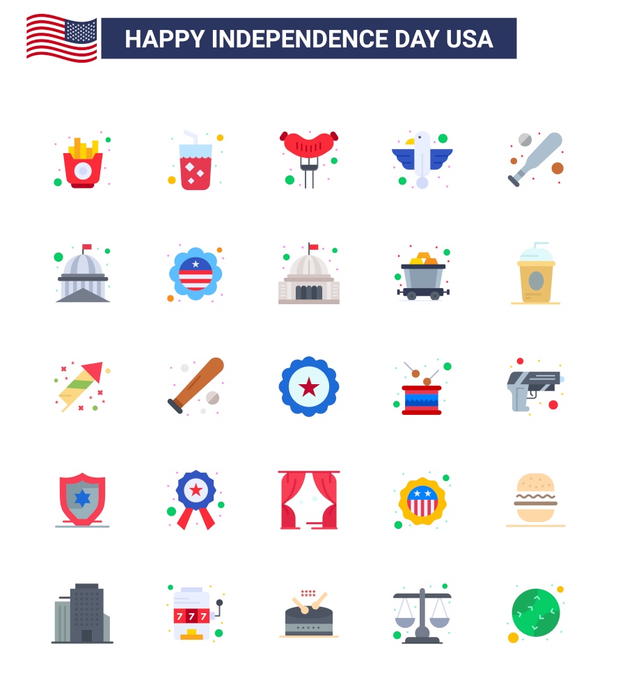 Set of 25 Modern Flats pack on USA Independence Day bat; state; food; eagle; animal Editable USA Day Vector Design Elements