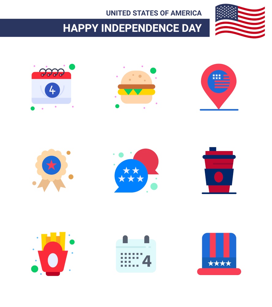 9 USA Flat Signs Independence Day Celebration Symbols of star; flag; location; medal; independece Editable USA Day Vector Design Elements