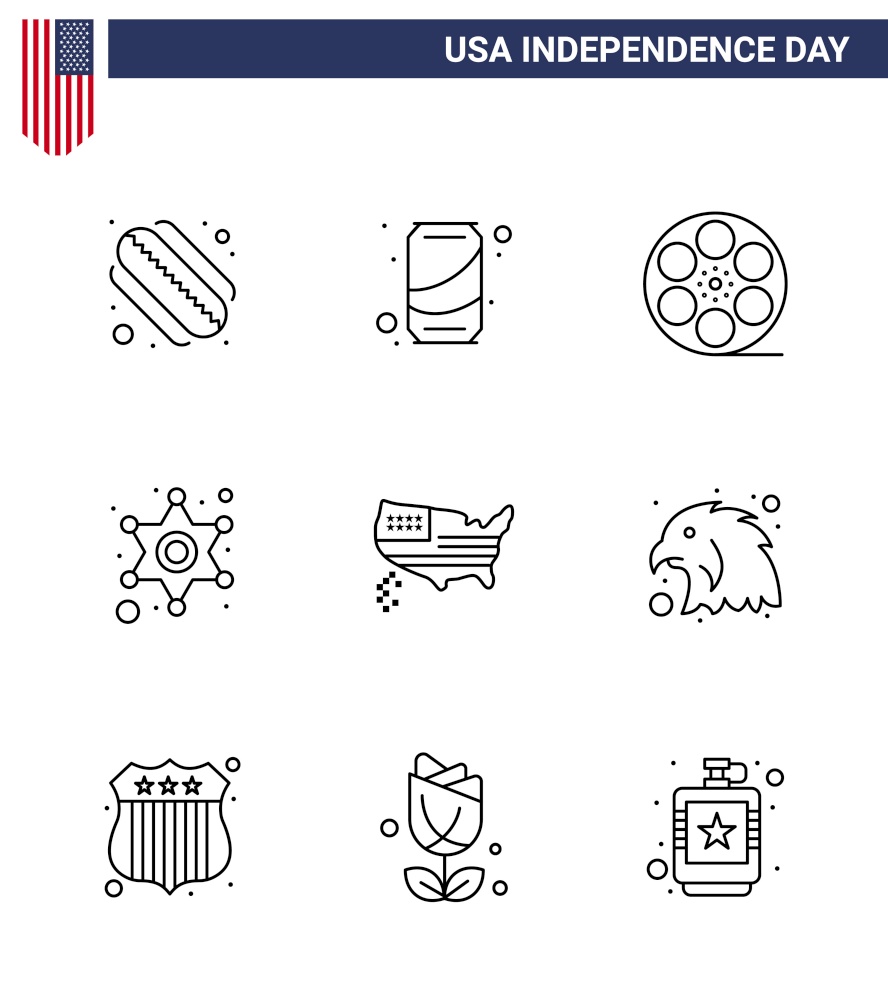 Line Pack of 9 USA Independence Day Symbols of thanksgiving; american; play; police sign; police Editable USA Day Vector Design Elements