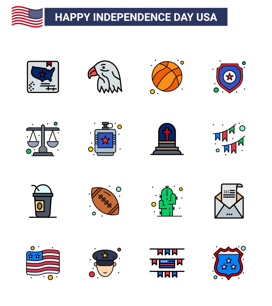 16 USA Flat Filled Line Signs Independence Day Celebration Symbols of justice; sign; american; star; shield Editable USA Day Vector Design Elements