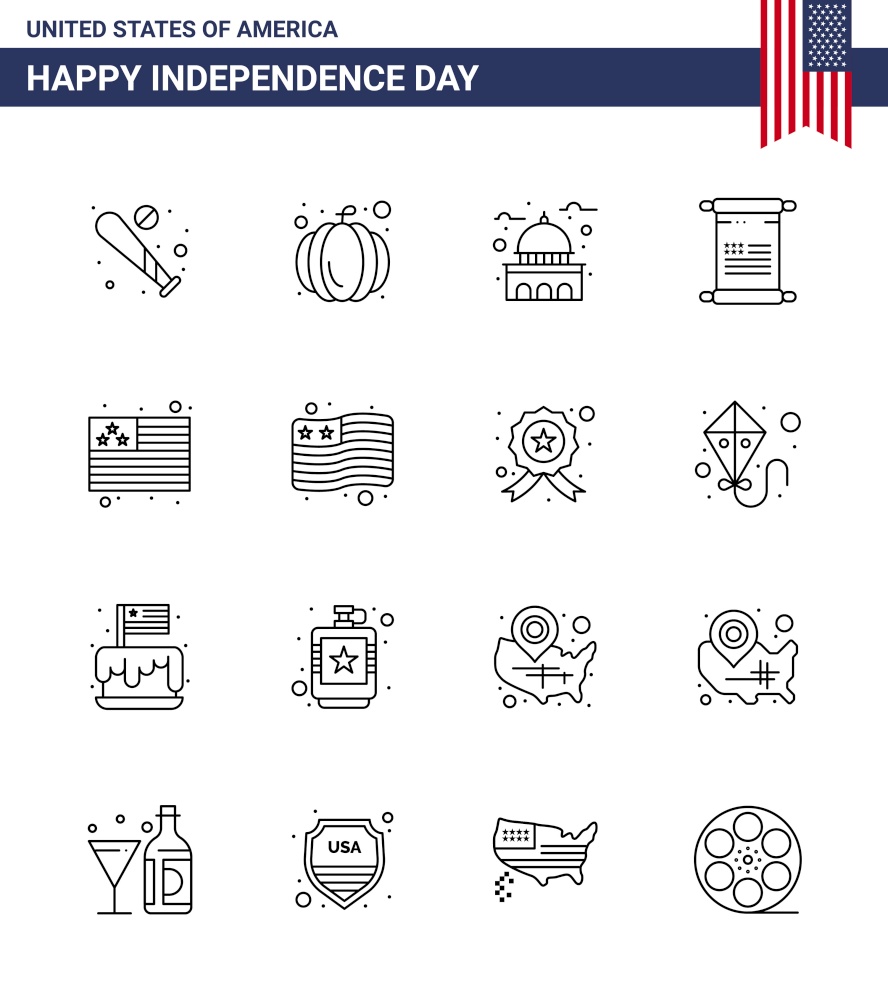 4th July USA Happy Independence Day Icon Symbols Group of 16 Modern Lines of country; american; building; text; white Editable USA Day Vector Design Elements