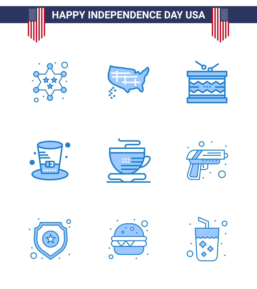 USA Happy Independence DayPictogram Set of 9 Simple Blues of tea; presidents; drum; hat; st Editable USA Day Vector Design Elements