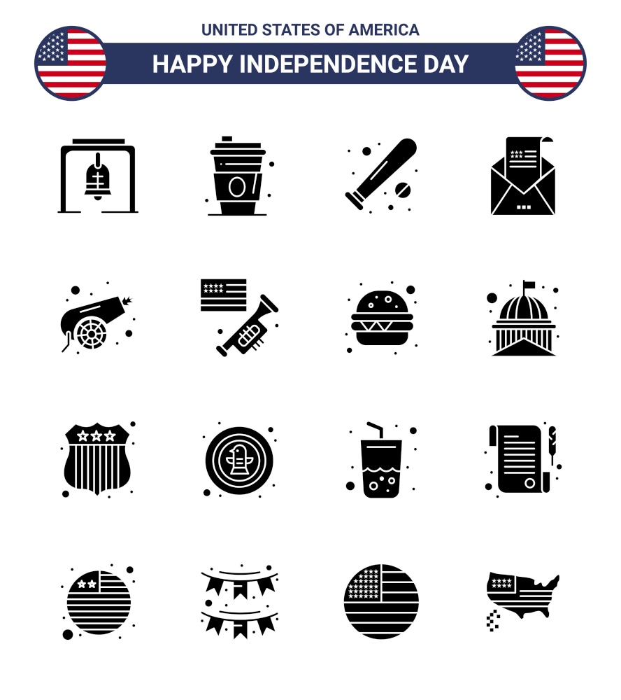 Pack of 16 creative USA Independence Day related Solid Glyphs of mail; greeting; ball; envelope; usa Editable USA Day Vector Design Elements