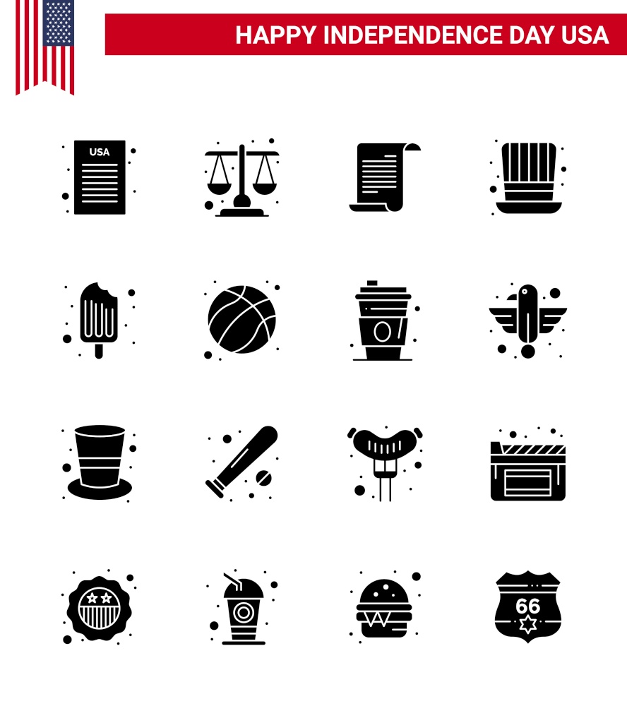 16 USA Solid Glyph Pack of Independence Day Signs and Symbols of food; cold; text; usa; hat Editable USA Day Vector Design Elements